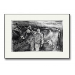 Băiat cu vaca - grafică, cărbune pe hârtie, artist Björn Reinhardt  